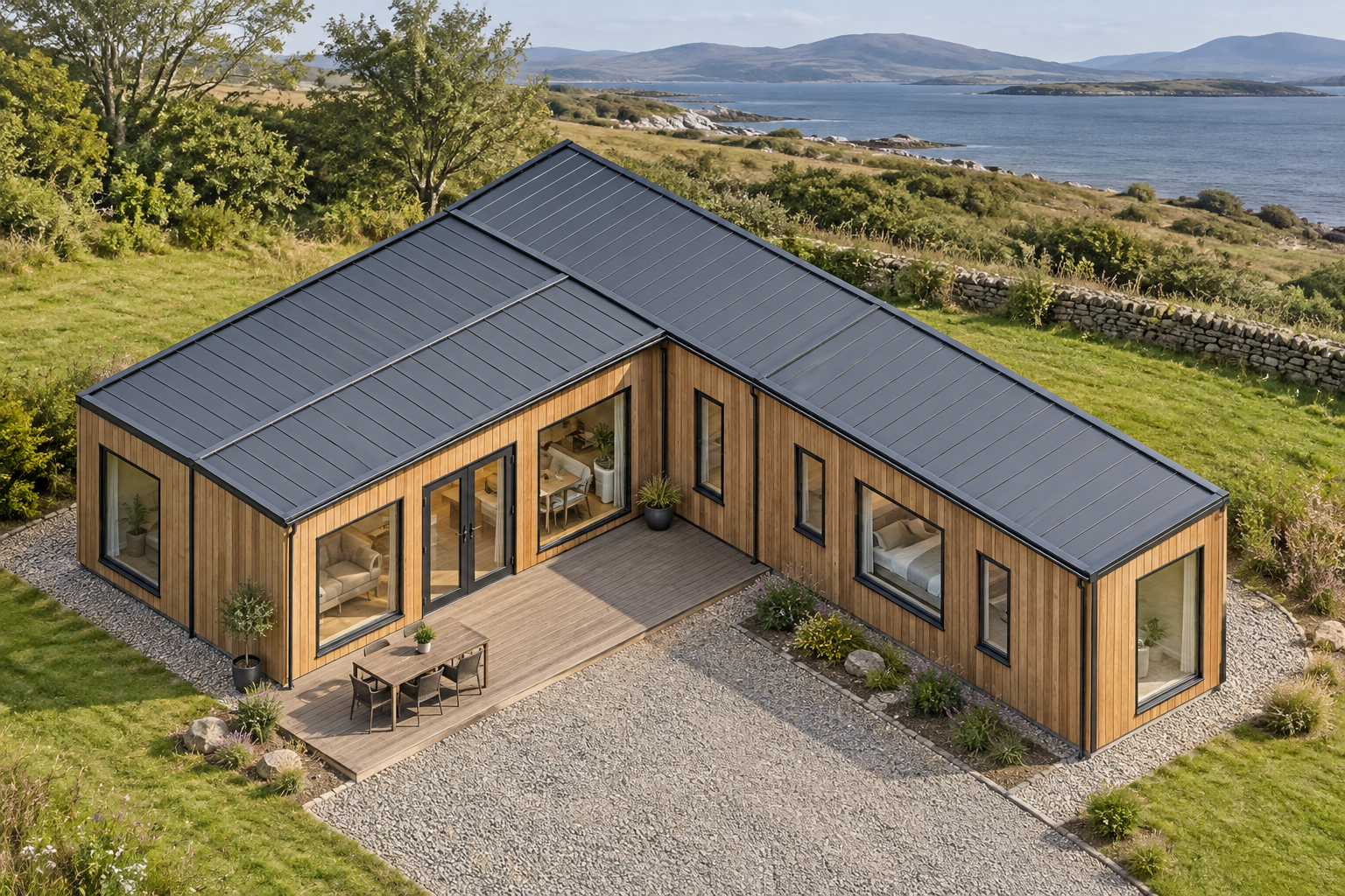 4-Module L-Shaped Holiday Lodge with WC & Shower 4-module single-storey holiday lodge, Adacon modular building (illustrative)