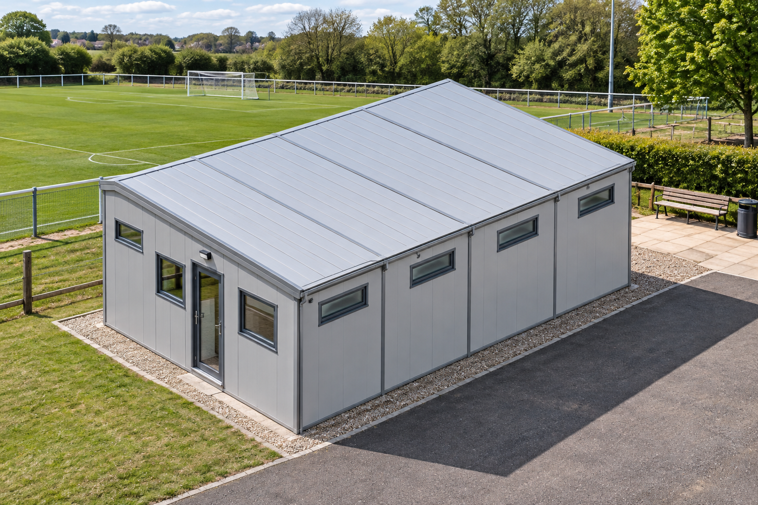 4-Module Modular Changing Room, Approx 46 m² Single-storey modular changing room beside a maintained sports pitch