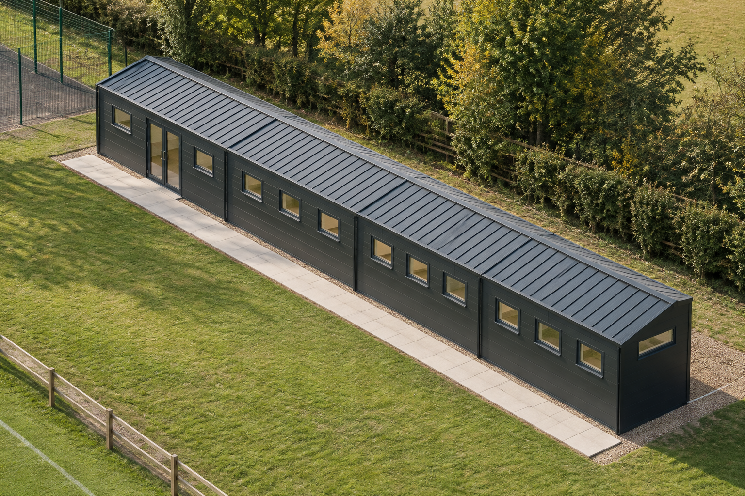 4-module single-storey modular changing room, Adacon modular building (illustrative)