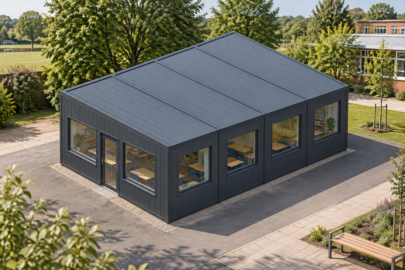 4-Module Modular Classroom with Kitchenette and WC Anthracite Grey modular classroom with an apex roof in a school setting