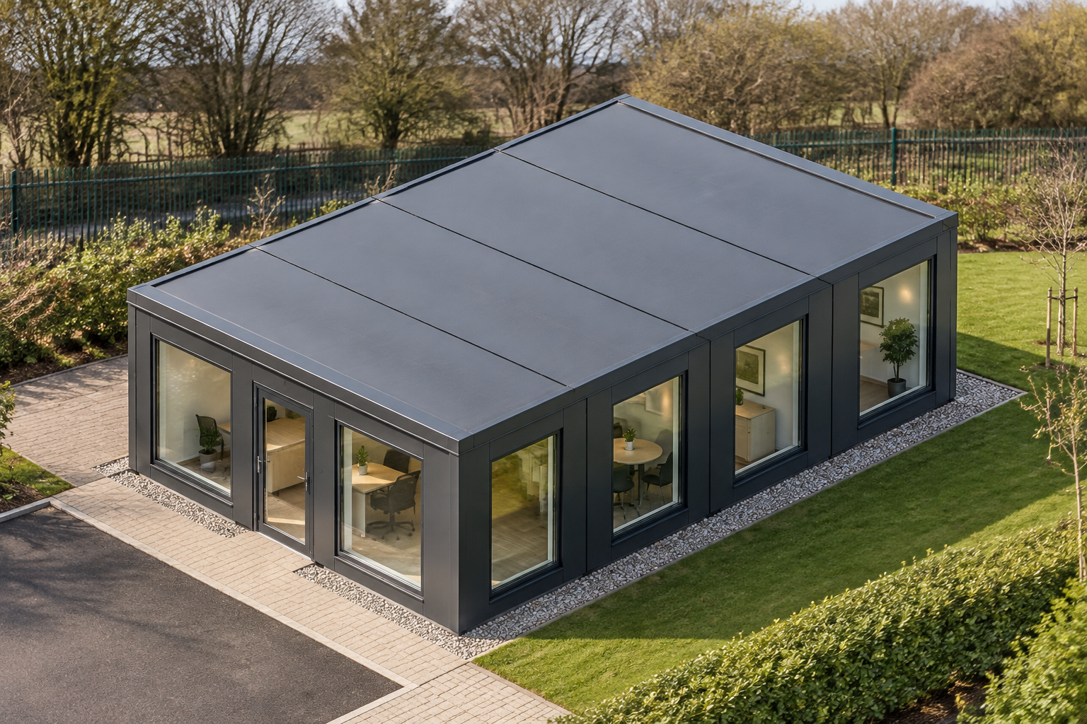 4-module single-storey modular office, Adacon modular building (illustrative)