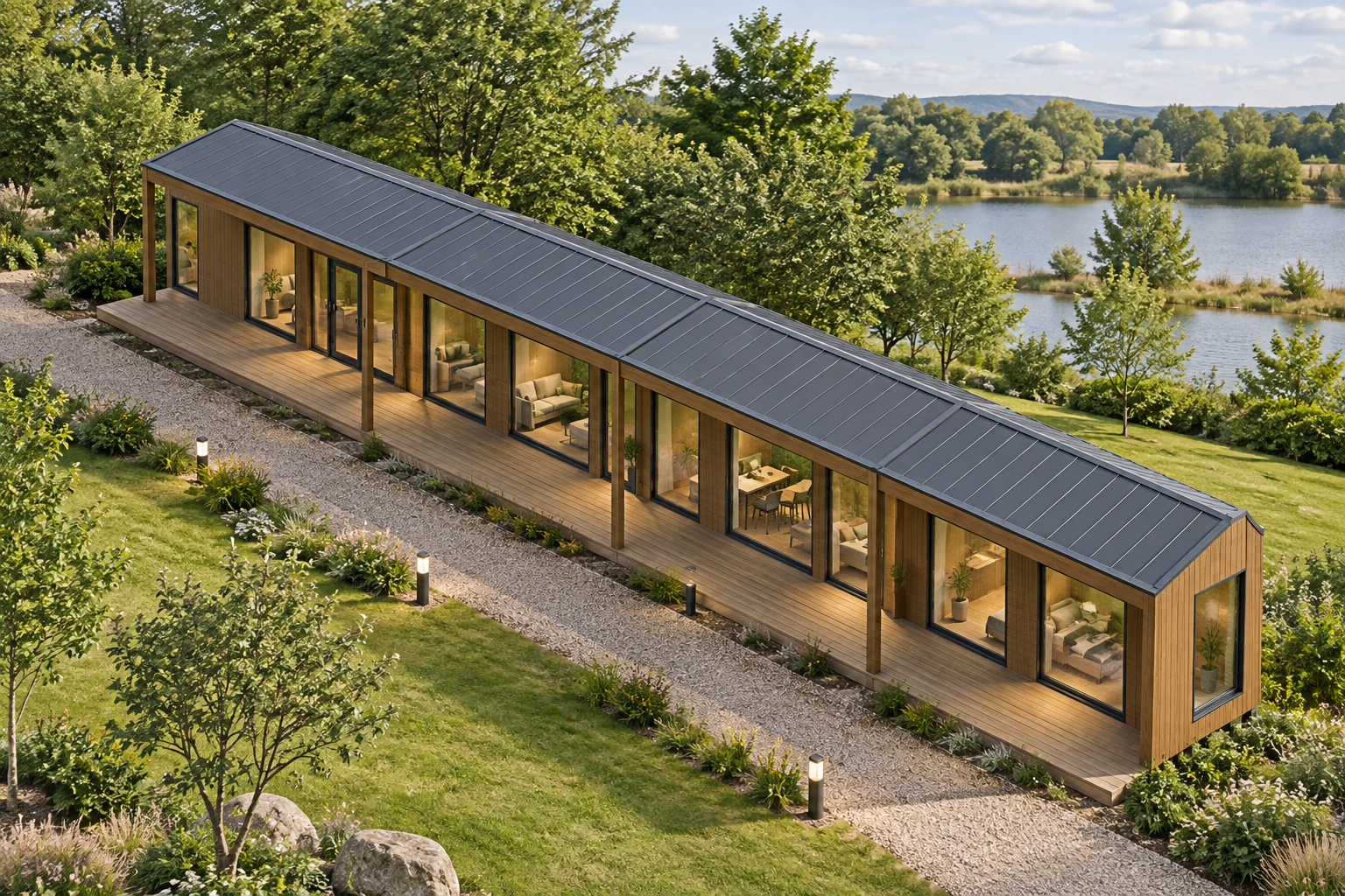 4-Module P600 Holiday Lodge with Covered Terrace Single-storey modular holiday lodge with teak-effect cladding and a covered timber terrace.