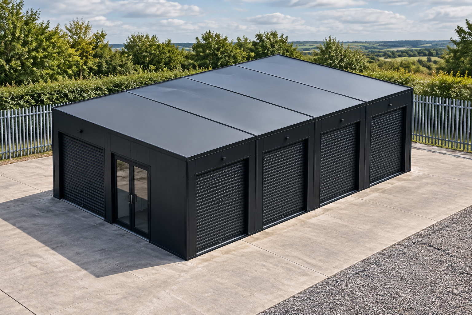4-Module Secure Storage Unit with 11 Shutters 4-module single-storey secure storage unit, Adacon modular building (illustrative)