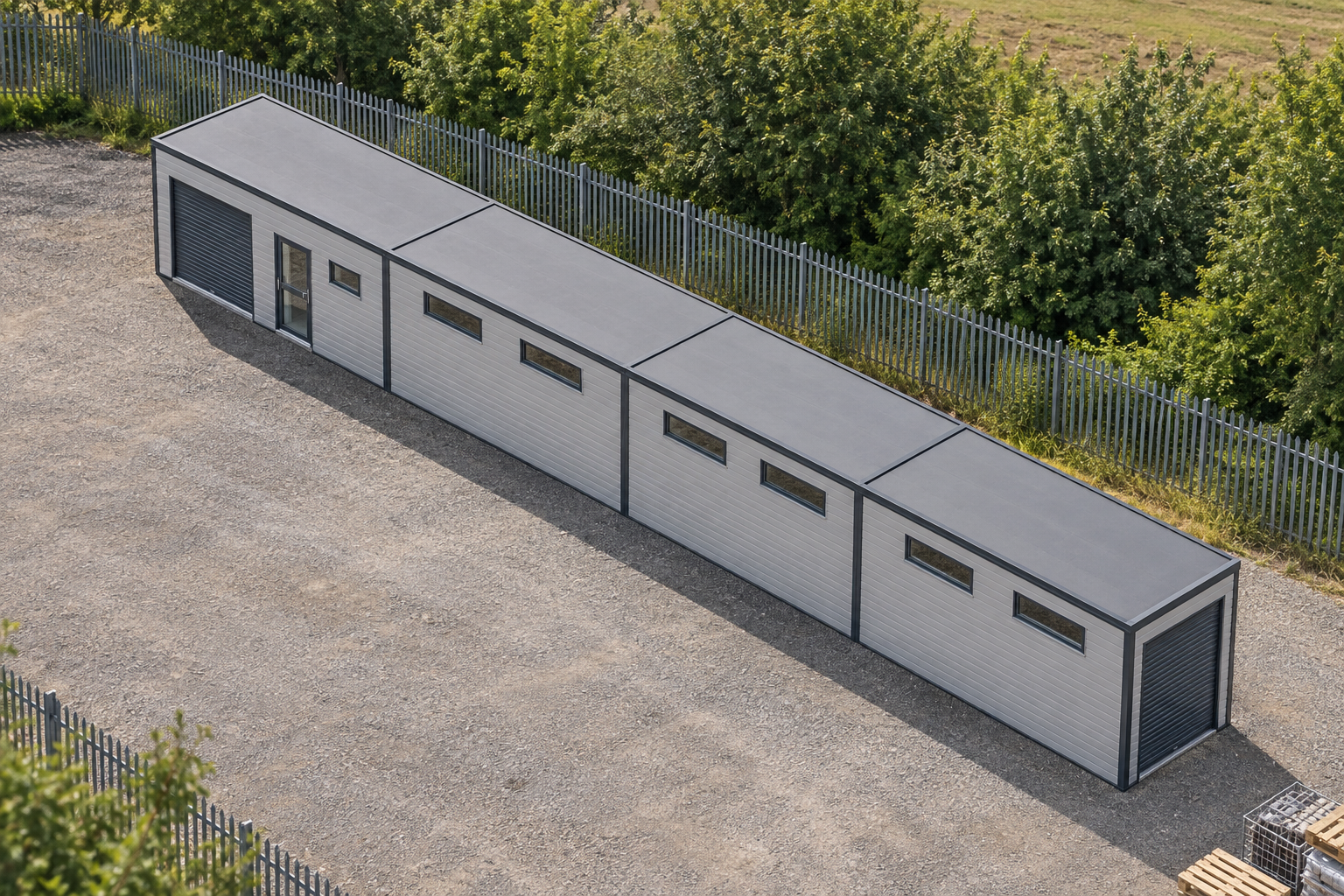 4-module single-storey secure storage unit, Adacon modular building (illustrative)