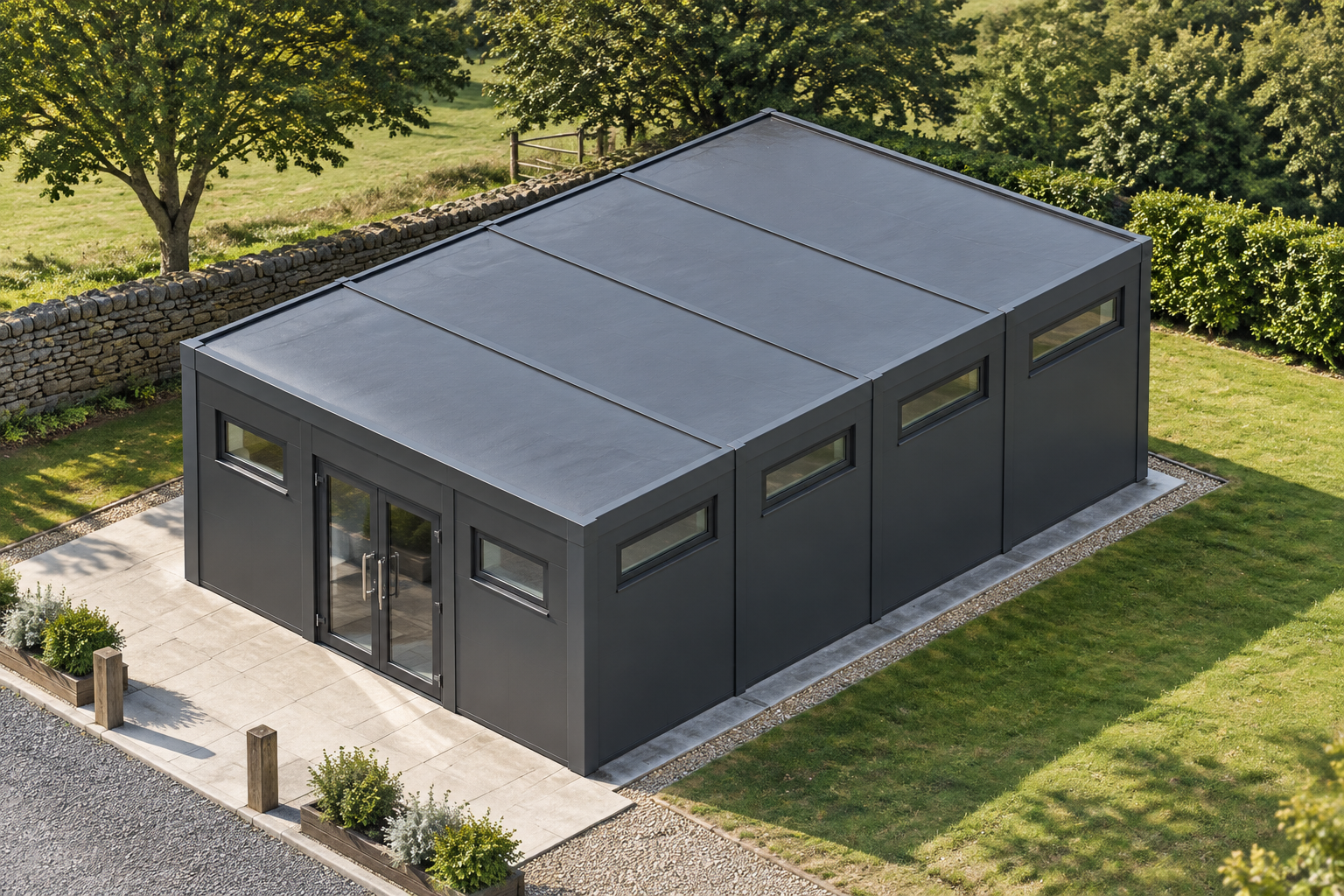 4-Module Shower Block with WC 4-module single-storey modular shower block, Adacon modular building (illustrative)