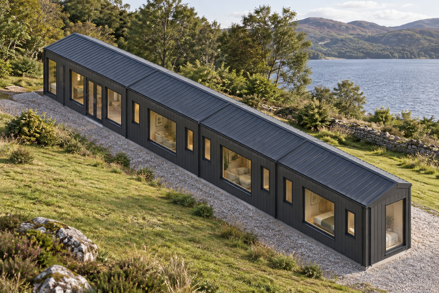 4-module single-storey holiday lodge, Adacon modular building (illustrative)