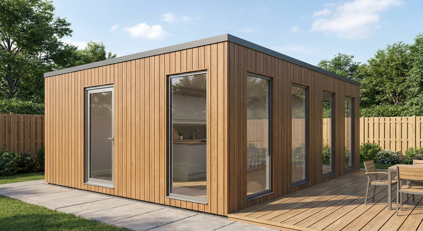 4-Module Timber-Effect Café with Kitchenette and WC Four single-storey modules with timber-effect cladding, a glazed door and multiple windows, Adacon P600 modular building