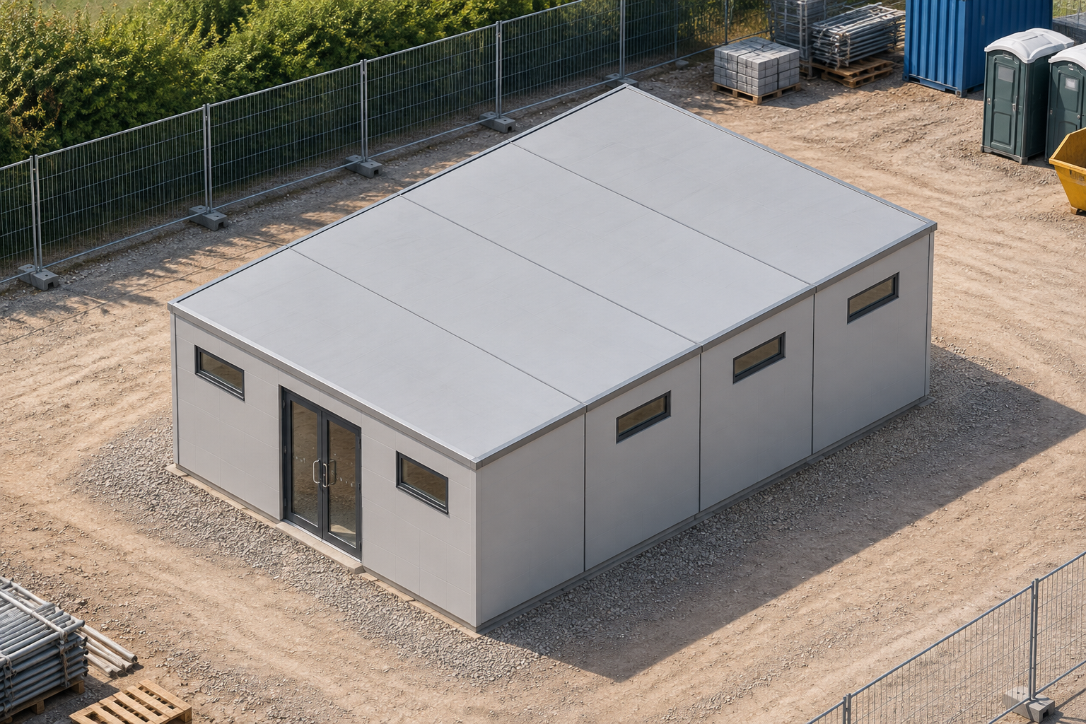 4-Module Toilet and Shower Block Single-storey modular toilet and shower block in a tidy construction-site setting.