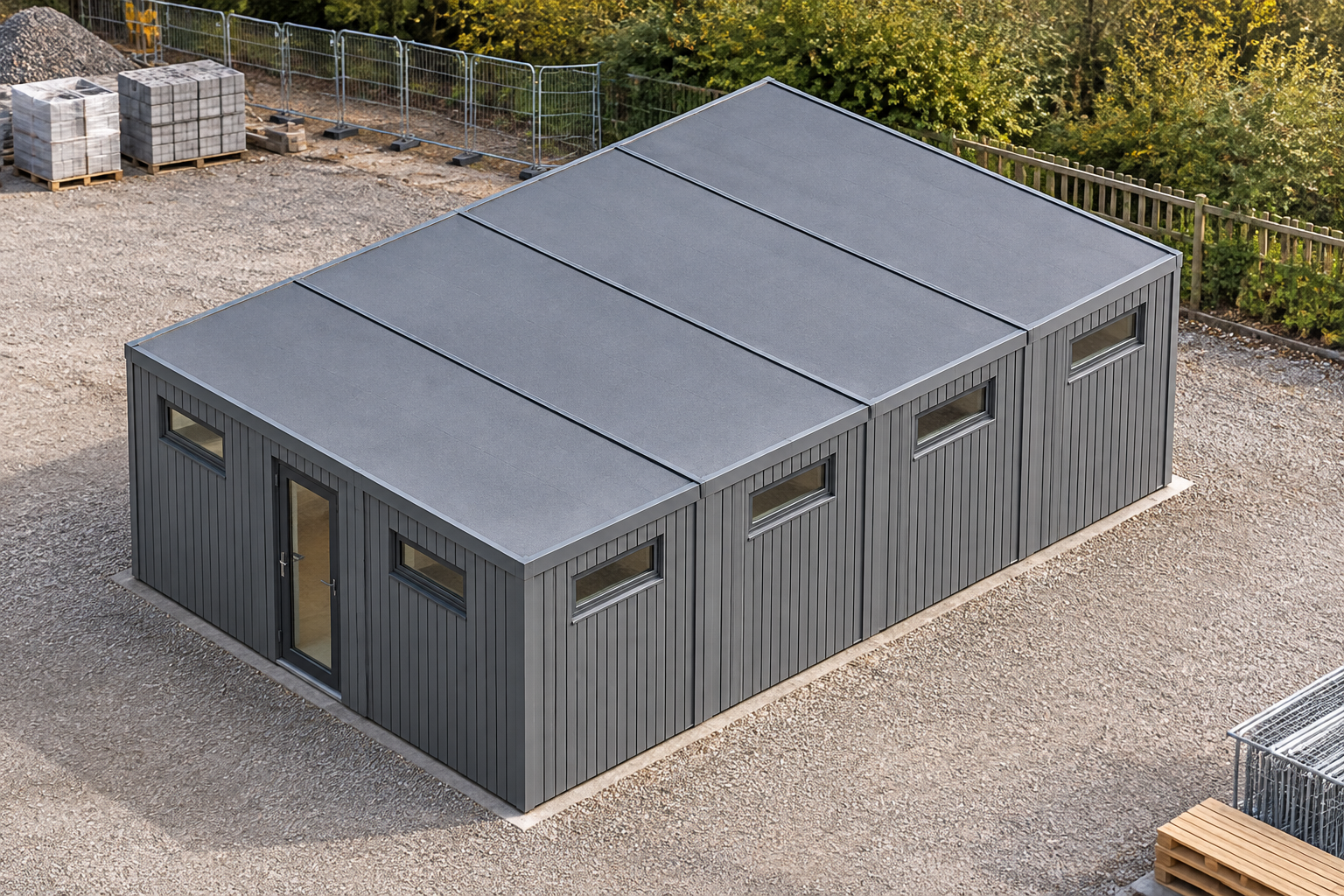 4-Module Toilet and Shower Block Grey-clad single-storey modular toilet and shower block in a clear site setting