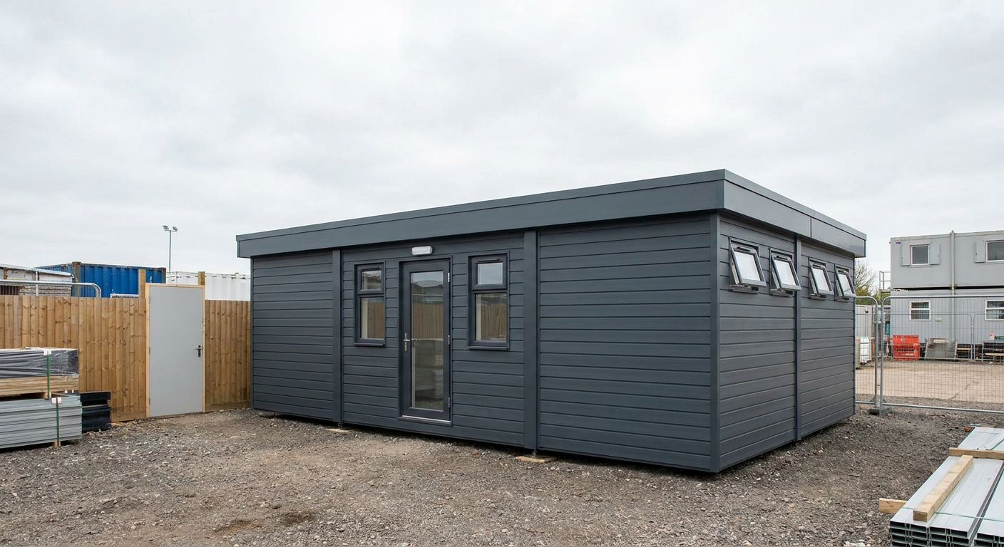 4-Module Toilet and Shower Block with WC Four anthracite-clad modules, one storey, glazed door, high windows, no shutters or terrace, Adacon P600 modular building