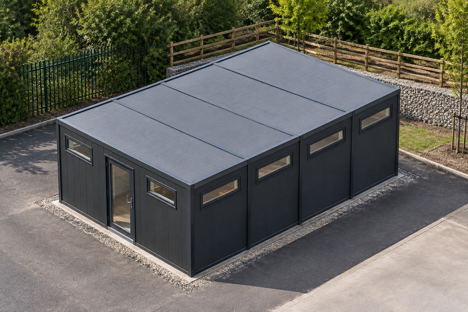 4-Module Toilet Block with WC Fit-Out Single-storey modular toilet block in a tidy construction-site setting