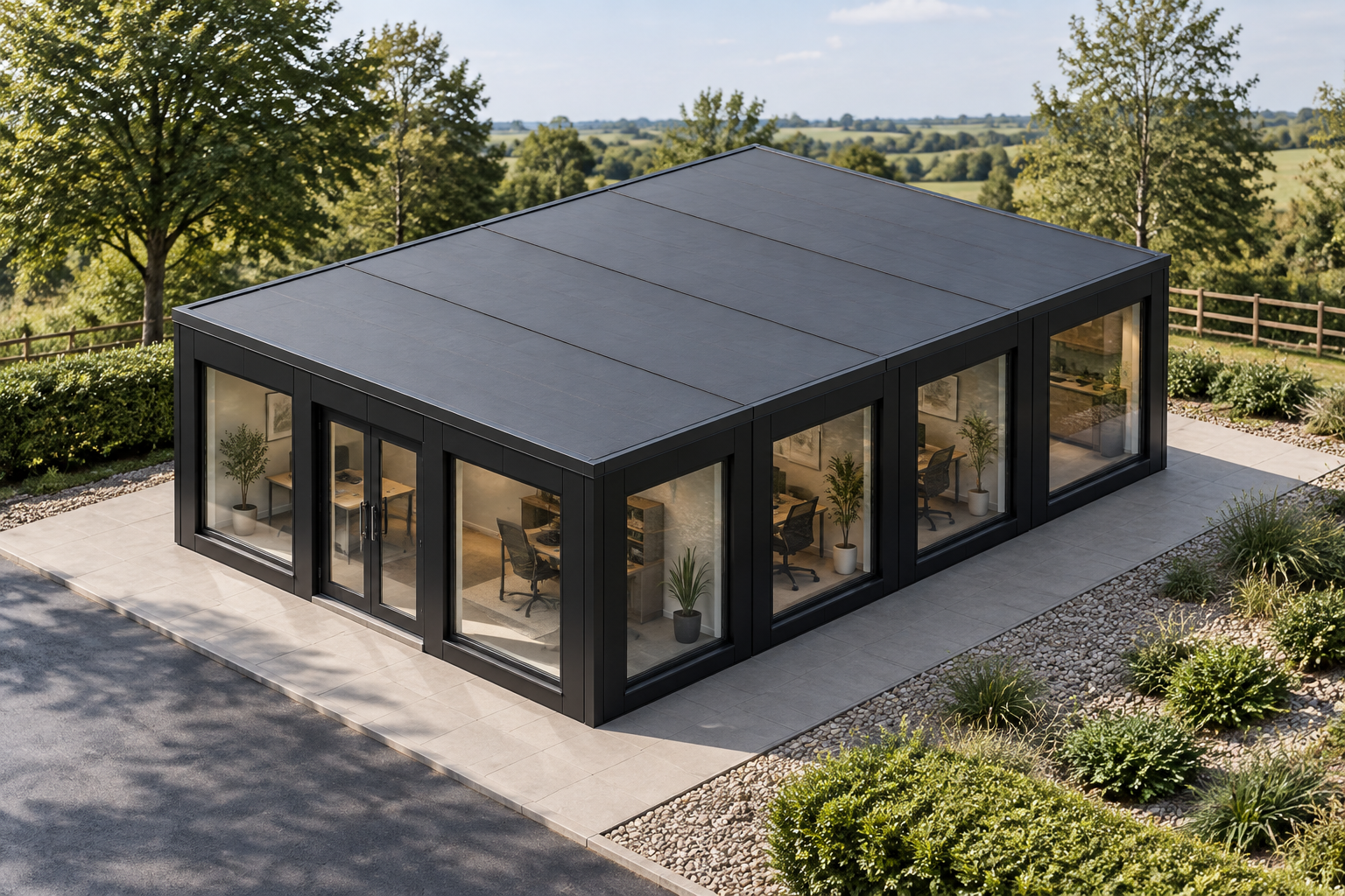 4-module single-storey modular office, Adacon modular building (illustrative)