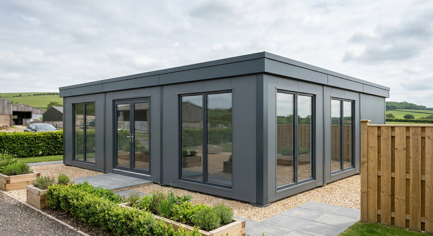 49m² 4-Module Modular Shop with WC Four Anthracite-clad single-storey modules, double glazed doors, windows, no shutters or terrace, Adacon P600 modular buildin
