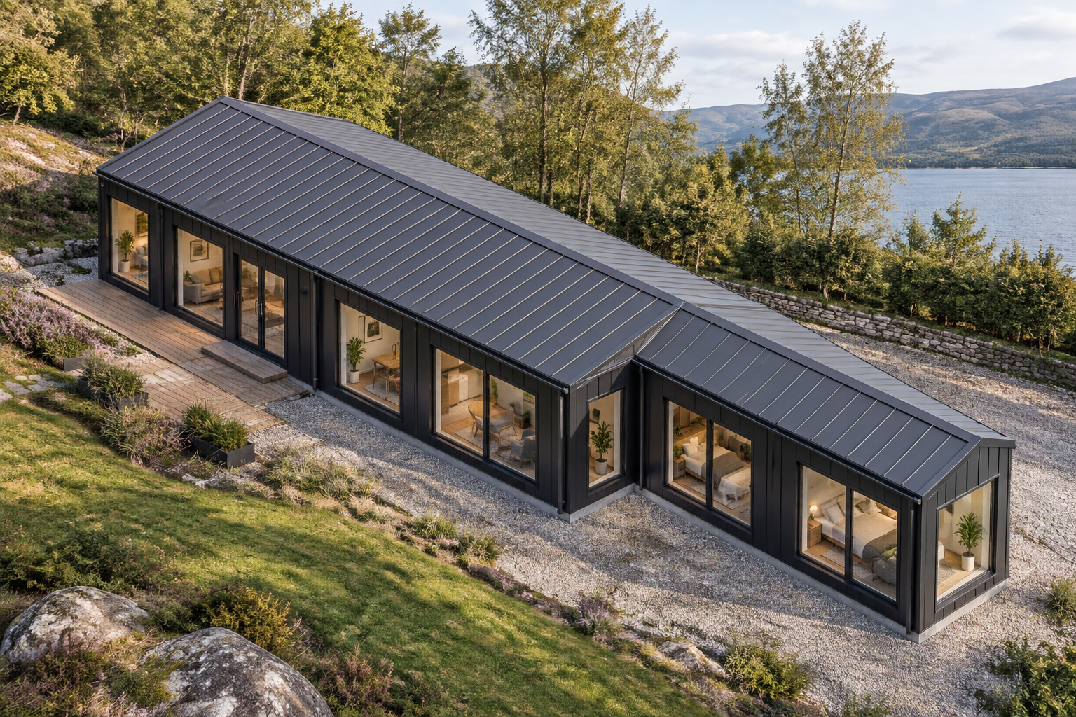 5-module single-storey holiday lodge, Adacon modular building (illustrative)