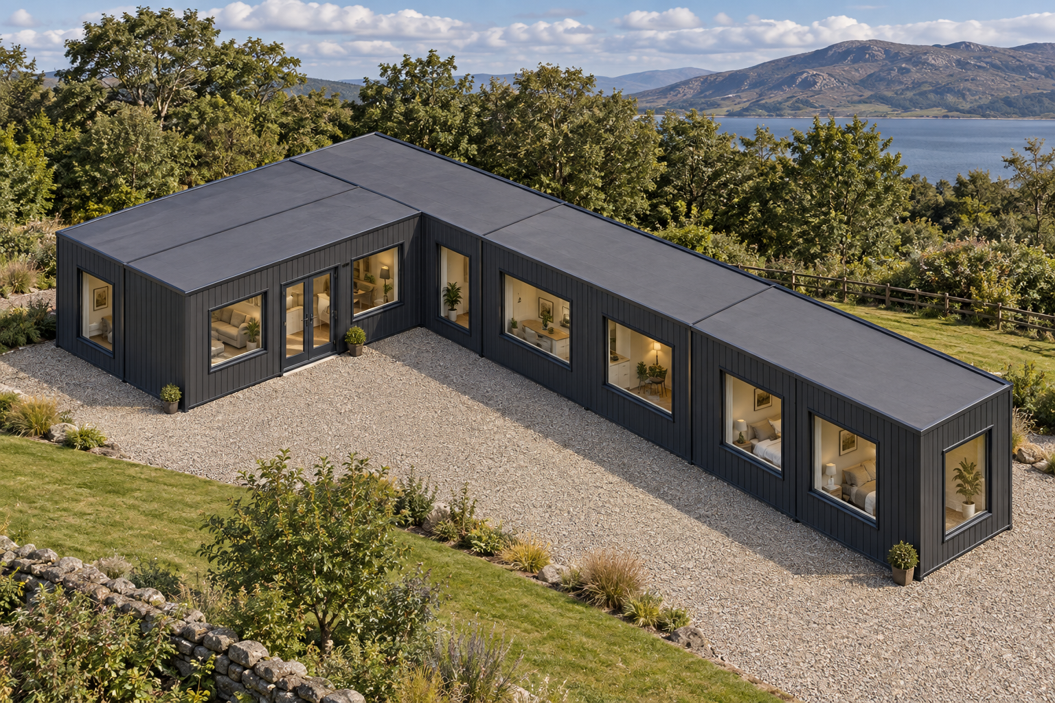 5-module single-storey holiday lodge, Adacon modular building (illustrative)