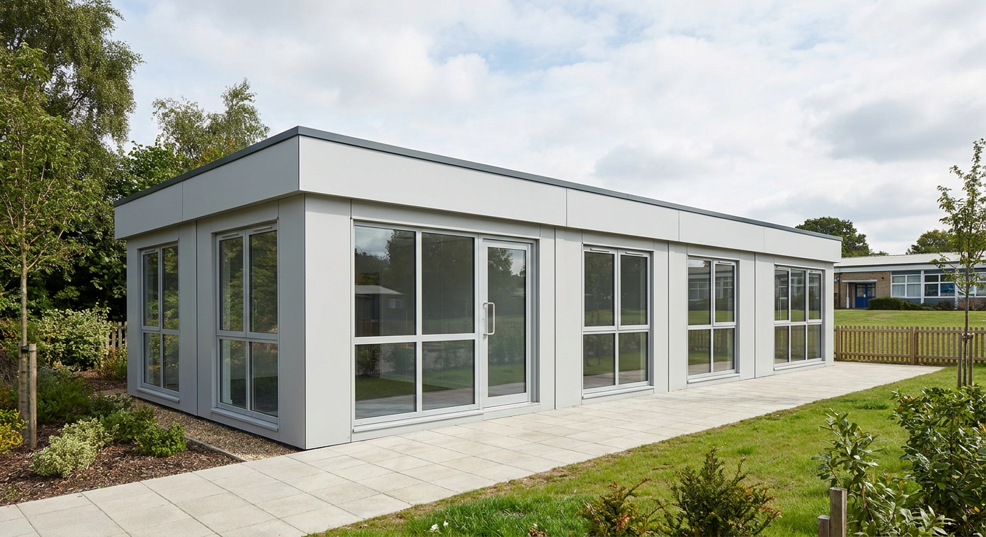 5-Module Modular Classroom with Kitchenette and WC Five-module, single-storey light grey classroom with large windows and glazed door, Adacon P600 modular building