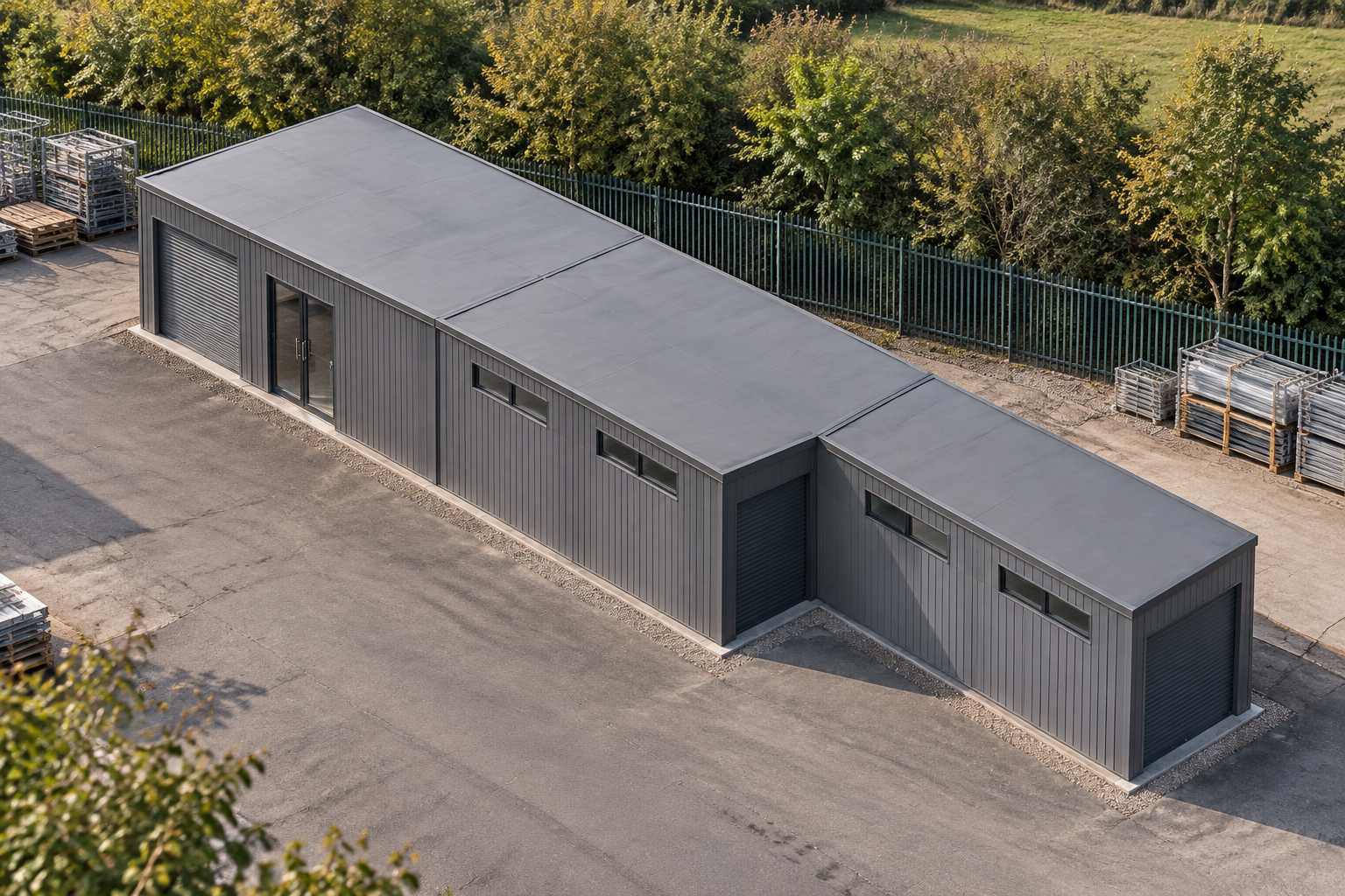 5-Module Secure Storage Unit Grey modular secure storage building in a construction setting