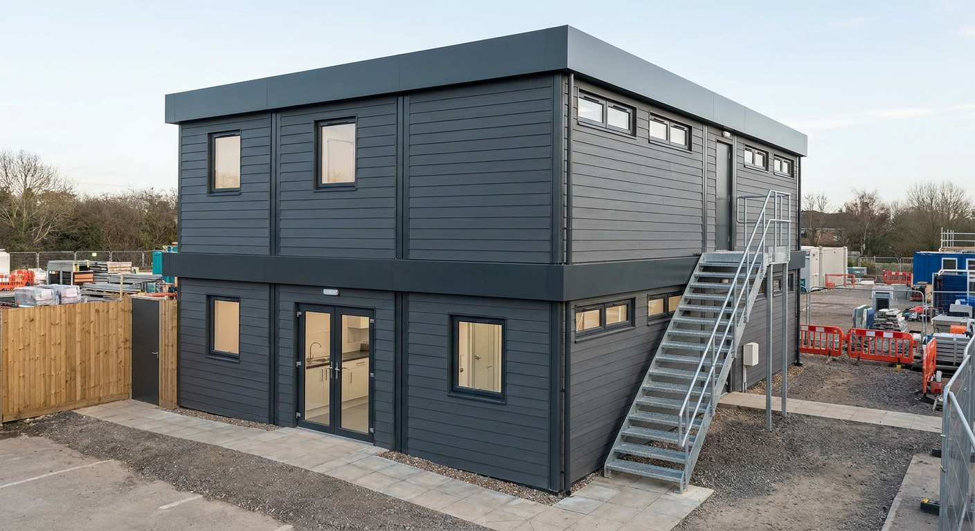 5-Module Site Welfare Unit with Canteen and WC Five-module, two-storey unit with dark grey cladding, glazed double doors and windows, Adacon P600 modular building