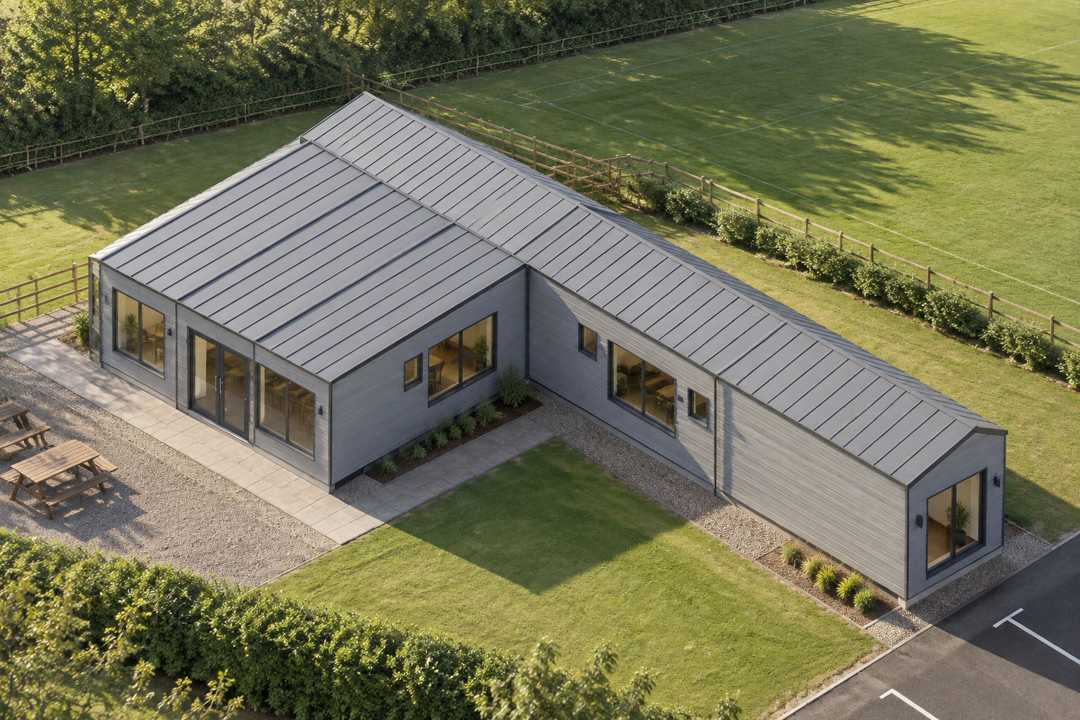 6-module single-storey modular clubhouse, Adacon modular building (illustrative)