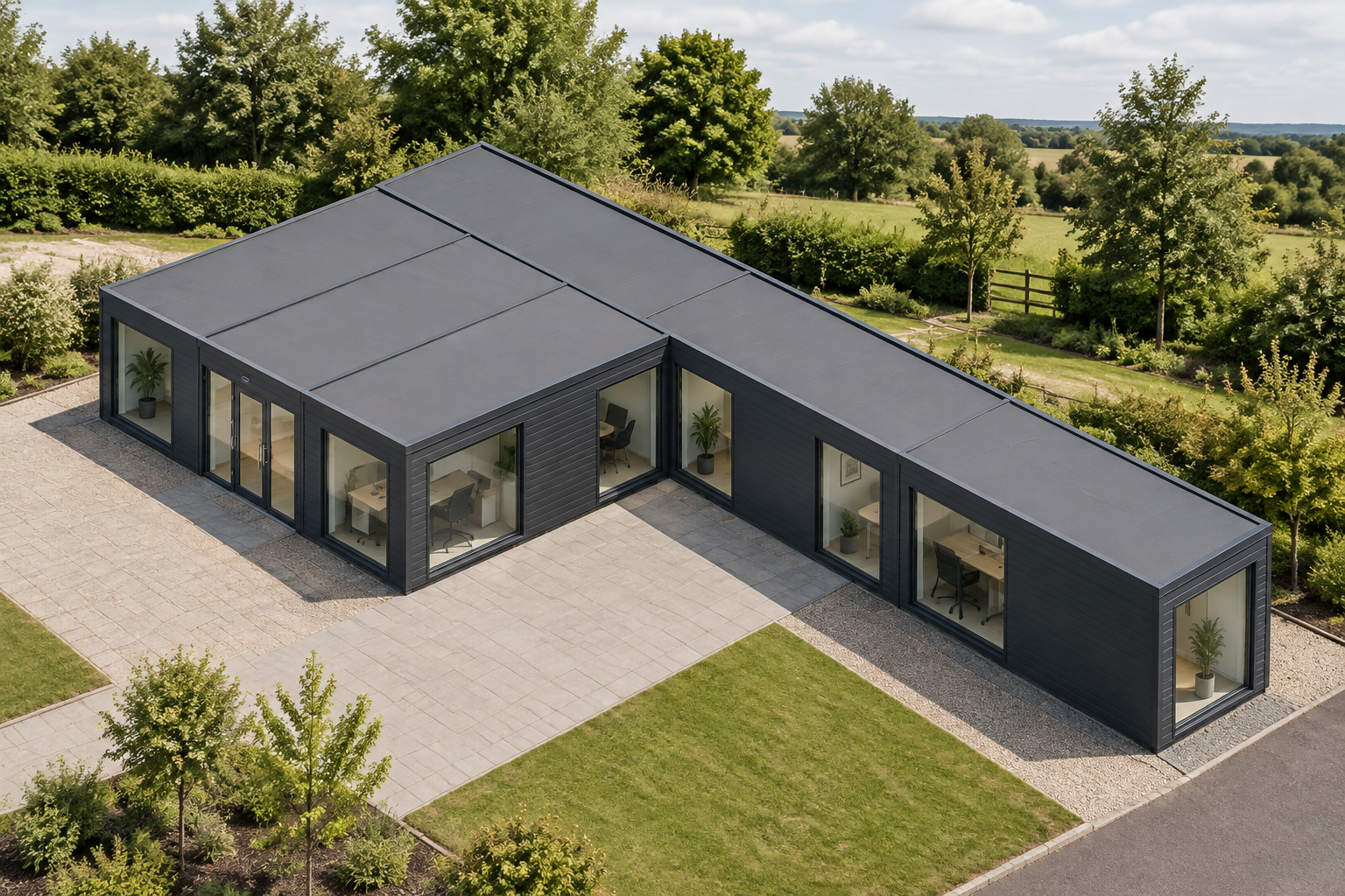6-module single-storey modular office, Adacon modular building (illustrative)