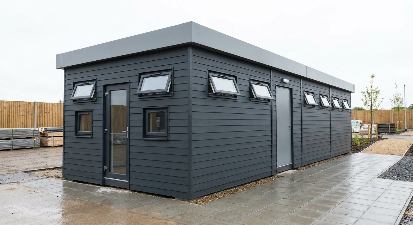 6-Module Toilet and Shower Block Six anthracite modules, single storey, with glazed door and windows, no shutters or terrace, Adacon P600 modular building
