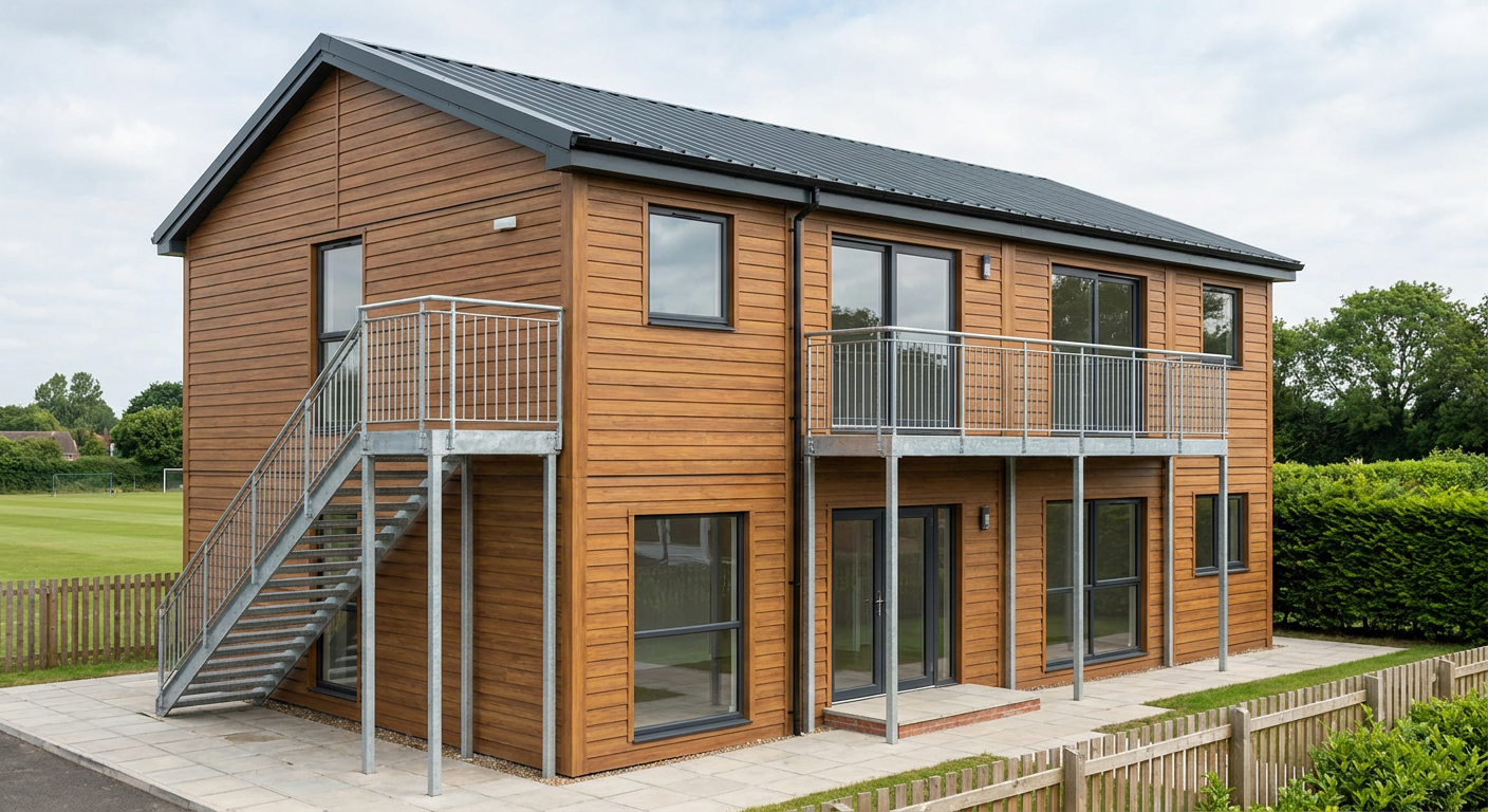 6-Module Two-Storey Clubhouse with WC and Shower Six-module two-storey terrace clubhouse with timber-effect cladding, doors, windows and stair, Adacon P600 modular building