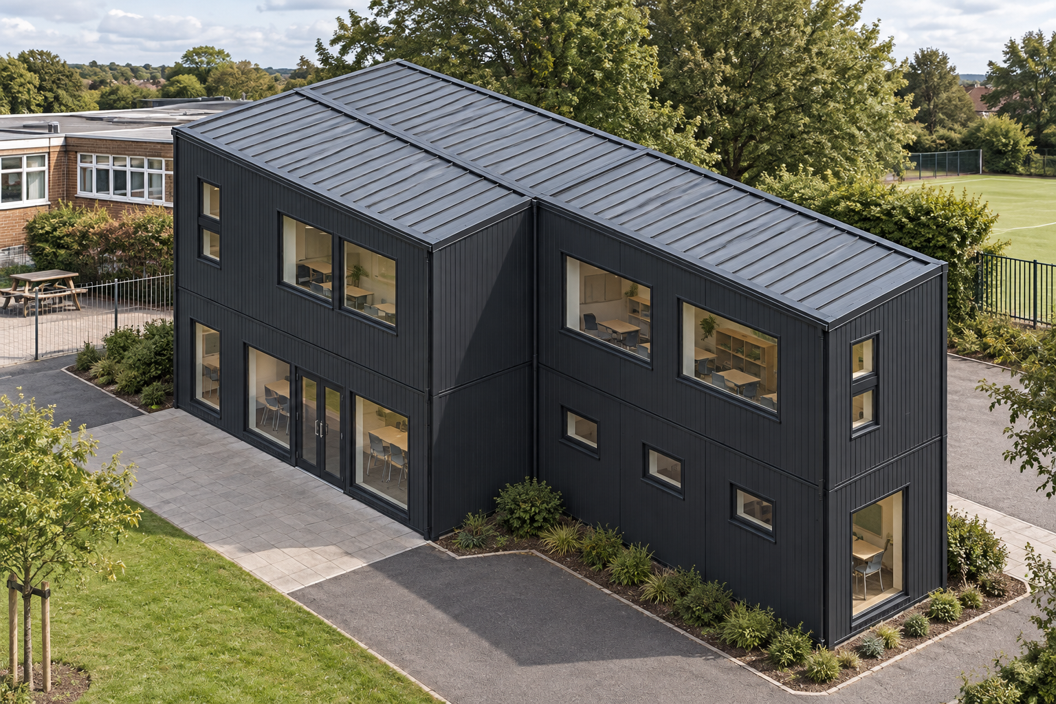 6-Module Two-Storey Modular Classroom Two-storey modular classroom with dark exterior panels, an apex roof and glazed openings.