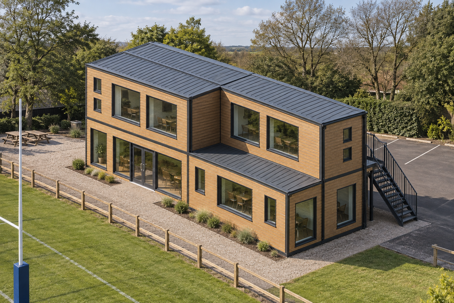 7-module two-storey modular clubhouse, Adacon modular building (illustrative)