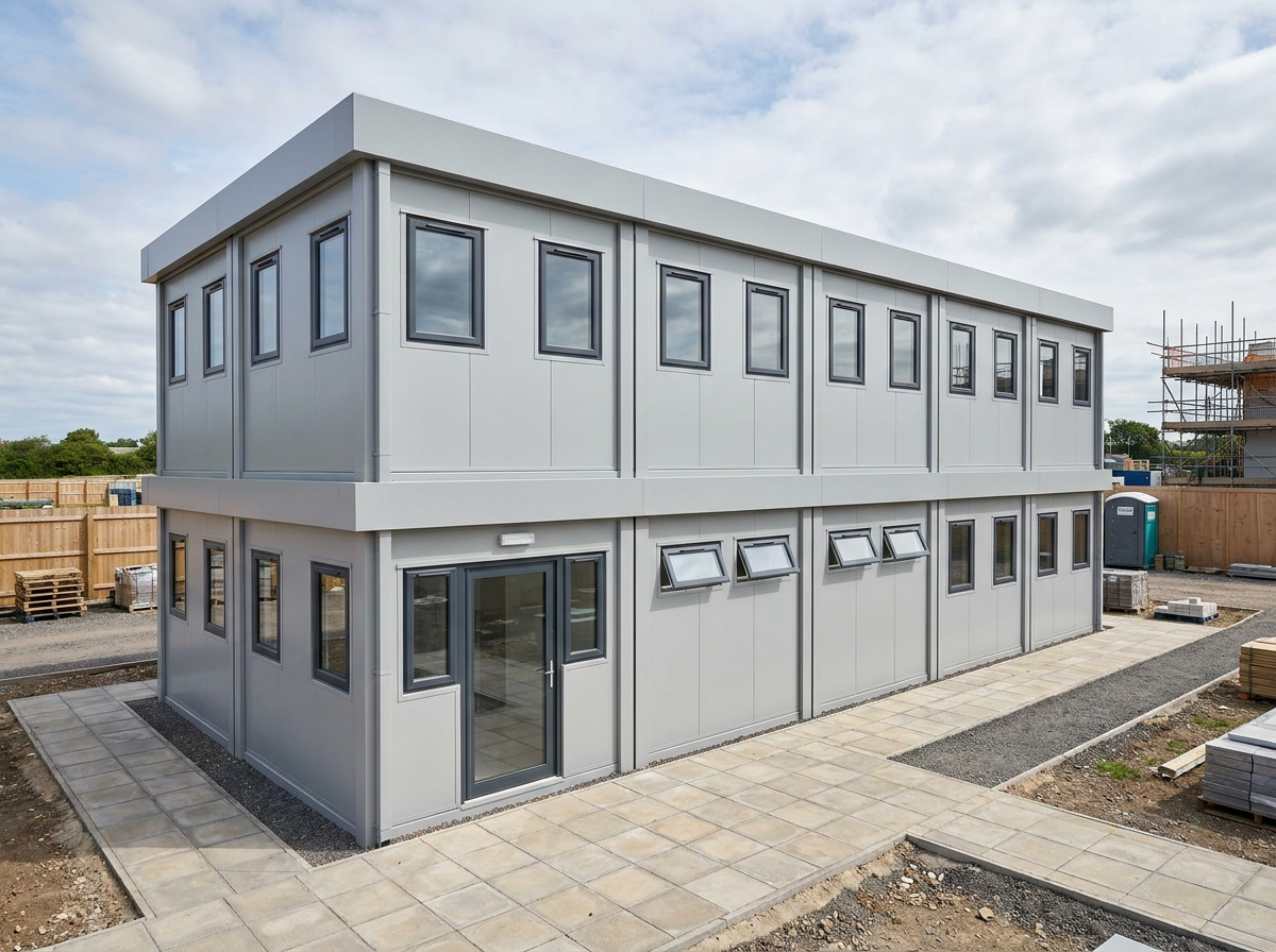 7-Module Two-Storey Site Welfare Unit Seven-module two-storey light grey unit, glazed doors and windows, no shutters or terrace, Adacon P600 modular building