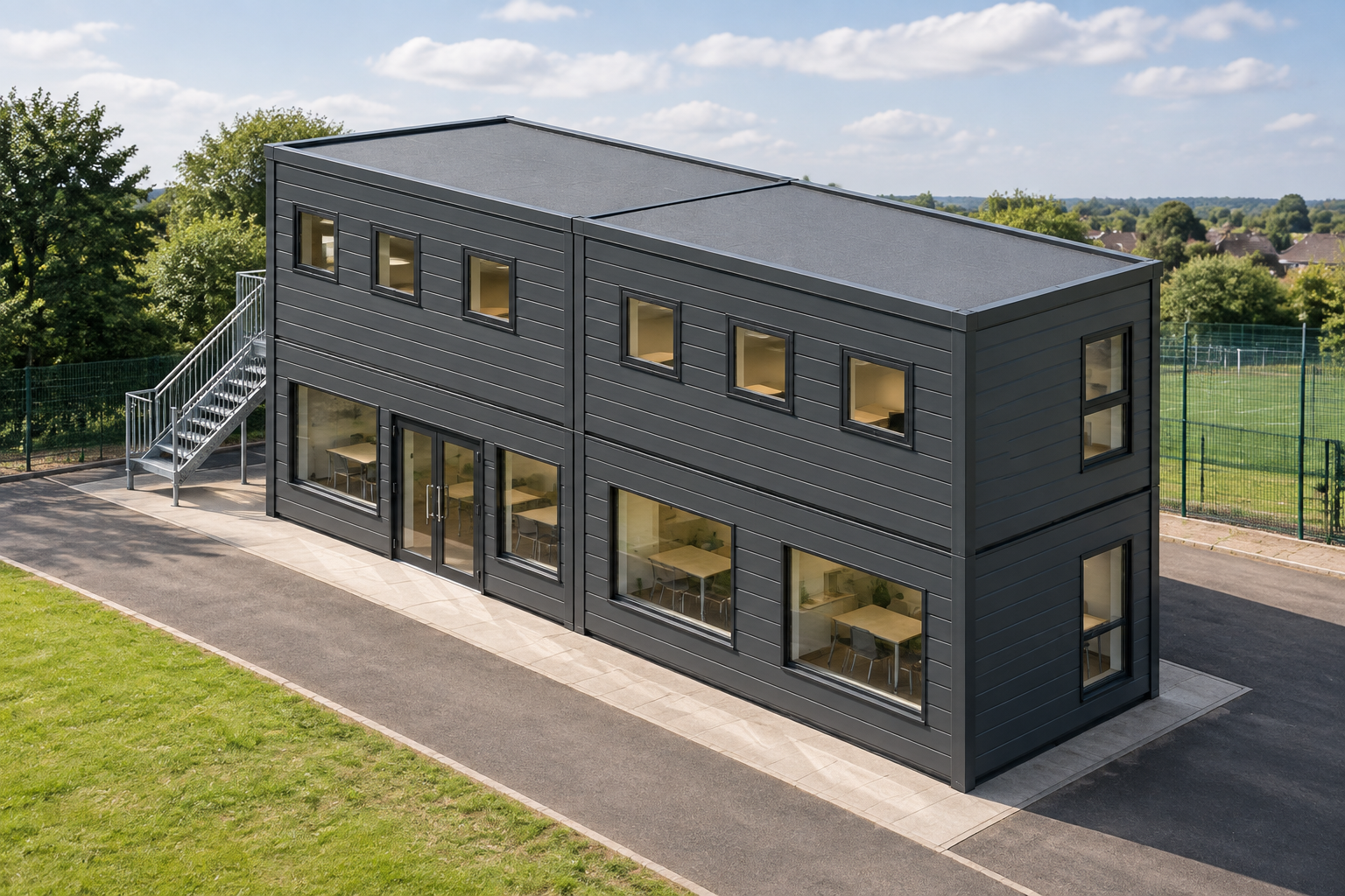 8-module two-storey modular classroom, Adacon modular building (illustrative)
