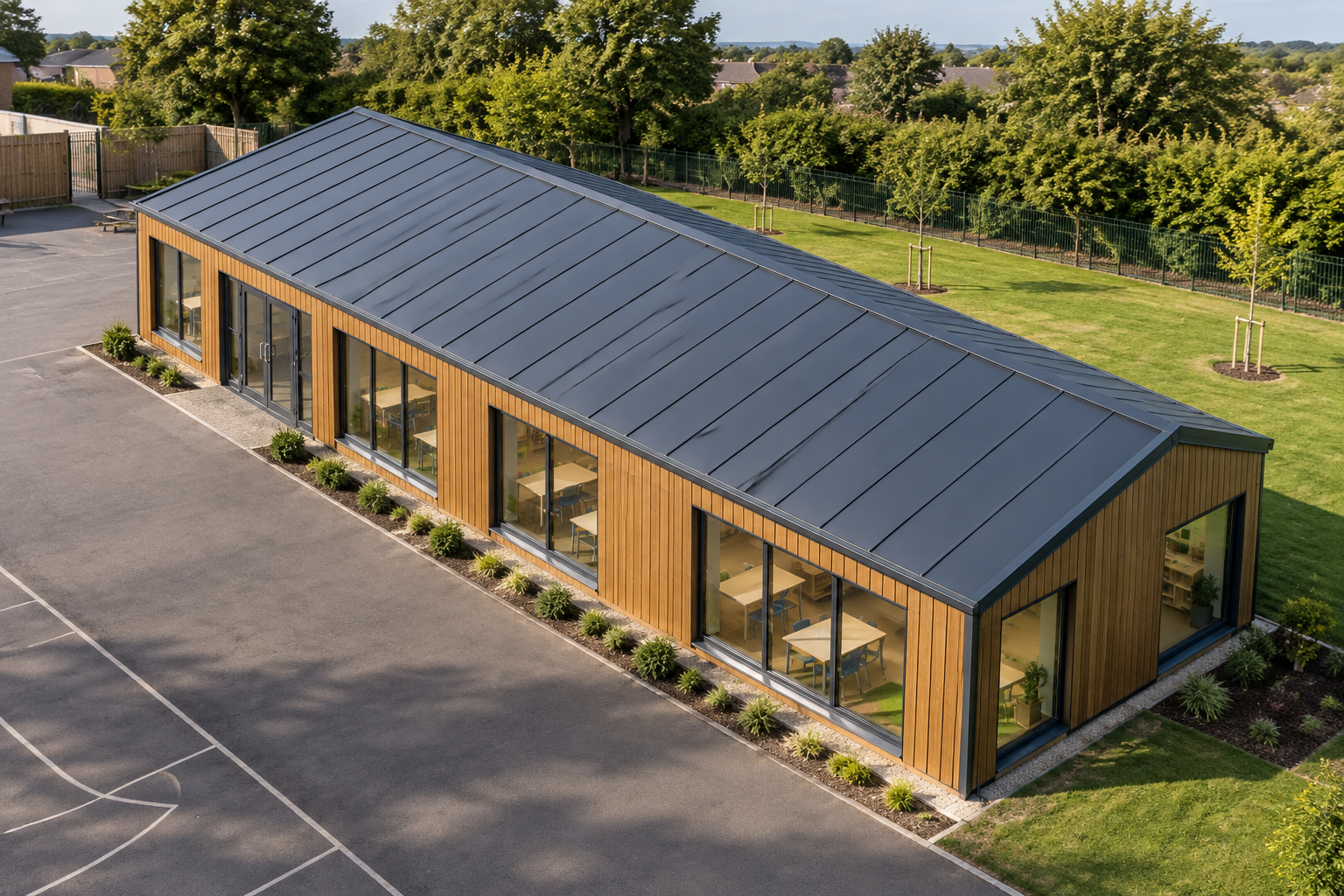 9-module single-storey modular classroom, Adacon modular building (illustrative)