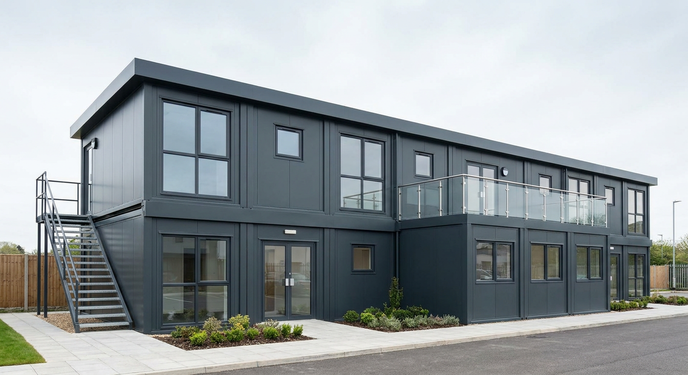 9-Module Two-Storey Office with Roof Terrace Nine-module, two-storey dark grey office with glazed doors, windows and roof terrace, Adacon P600 modular building