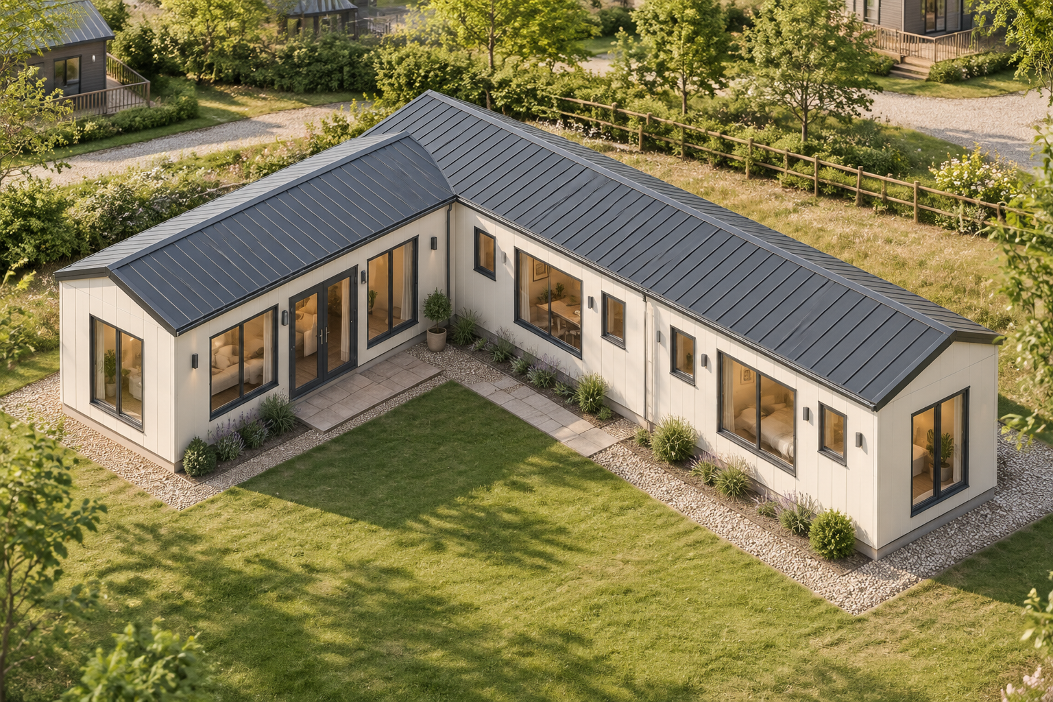 L-Shaped 3-Module Holiday Lodge with WC and Shower Cream L-shaped single-storey holiday lodge in a landscaped holiday park setting.