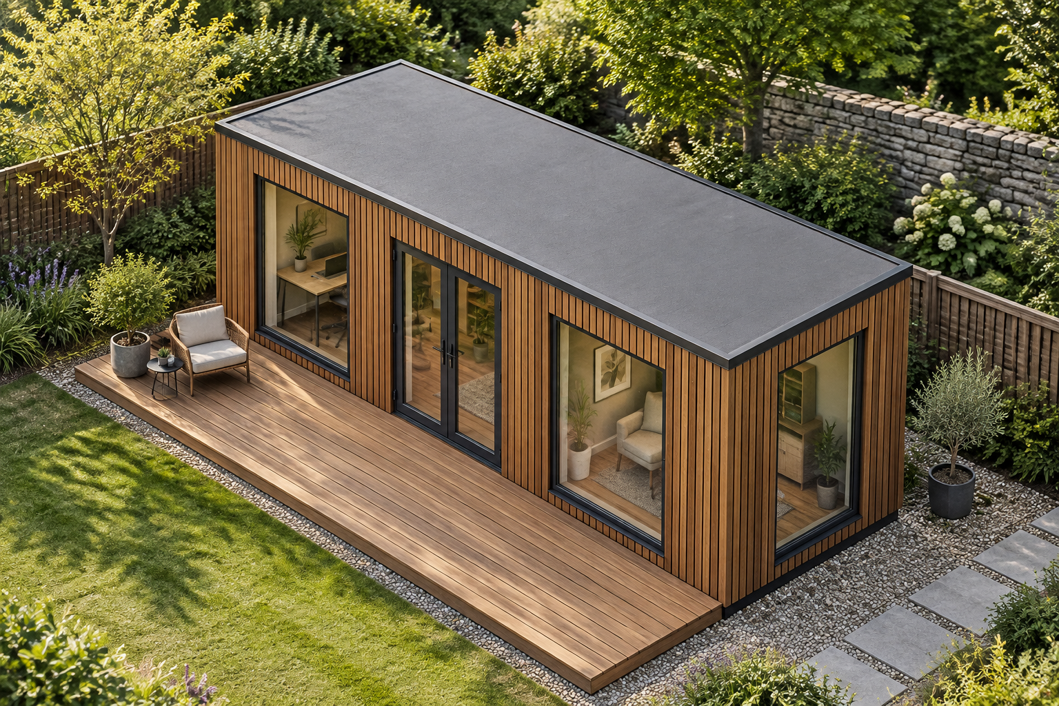 P600 Garden Office with Covered Timber Terrace Teak-clad garden office with extensive glazing and a covered timber terrace in a landscaped garden.