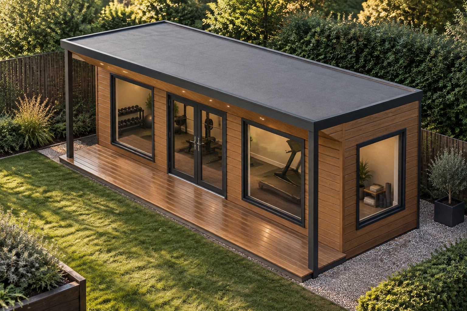 Single-storey modular gym with woodgrain exterior and a covered ground-level timber terrace.