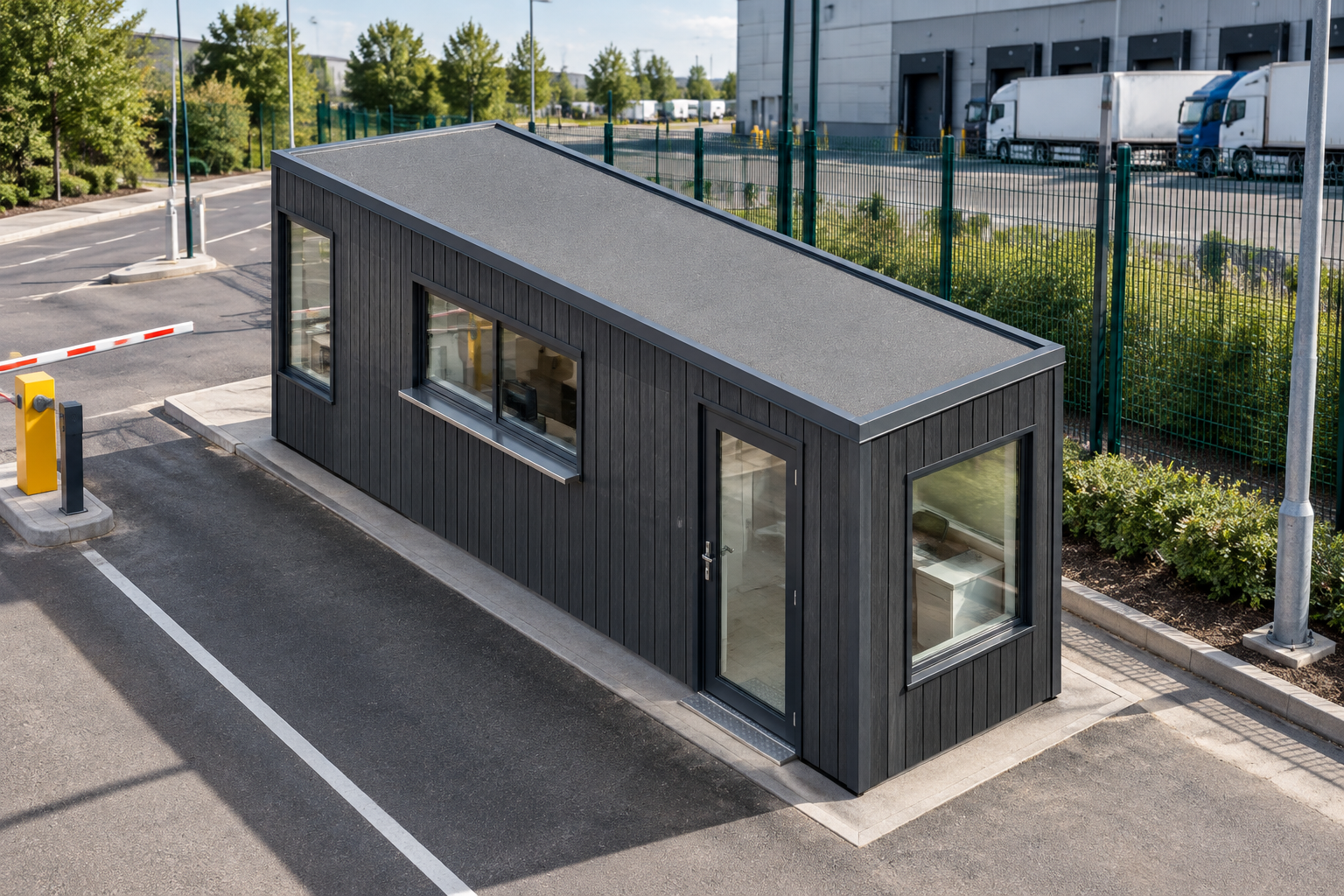 P600 Security Cabin with Drive-Through Serving Window Anthracite security cabin positioned at a controlled distribution centre entrance