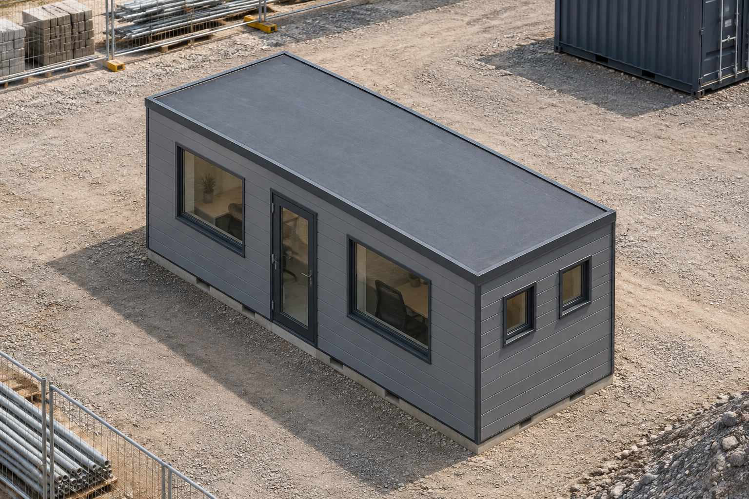 P600 Site Office Layout with Kitchenette and WC Grey-clad modular site office with a glazed door and windows on a construction site