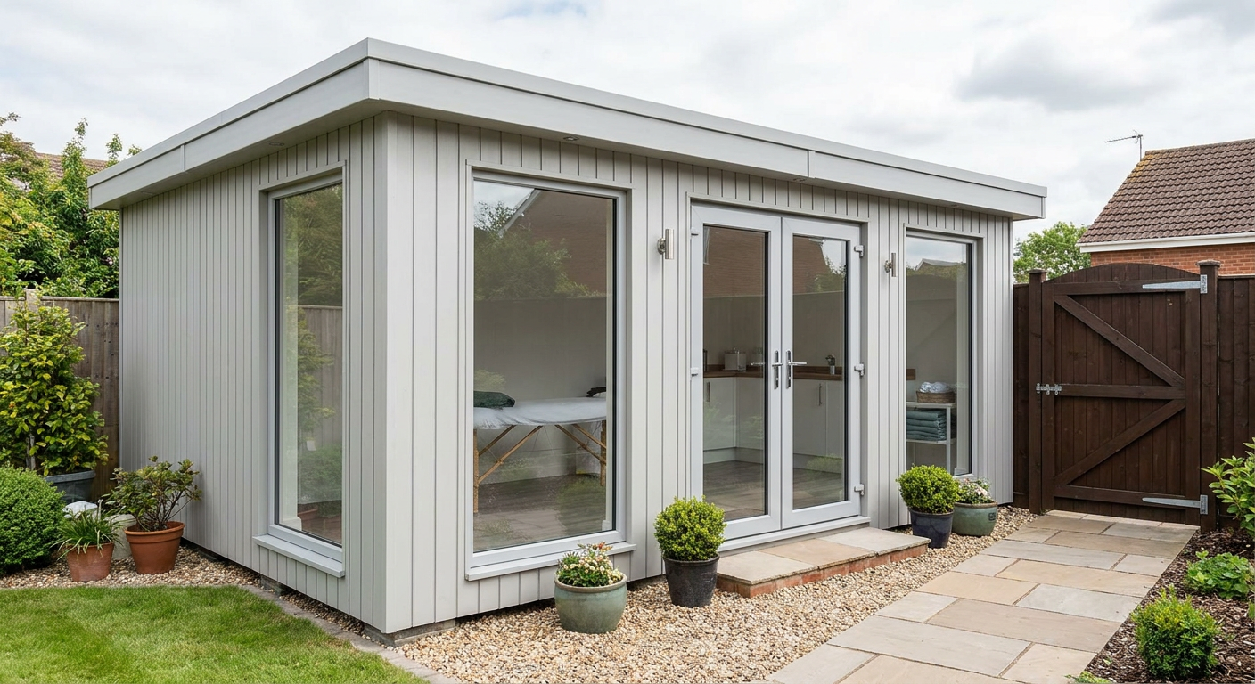 Single-Module Beauty Salon with Kitchenette and WC One-storey, single-module salon in Light grey cladding with glazed double doors and six windows, Adacon P600 modular building