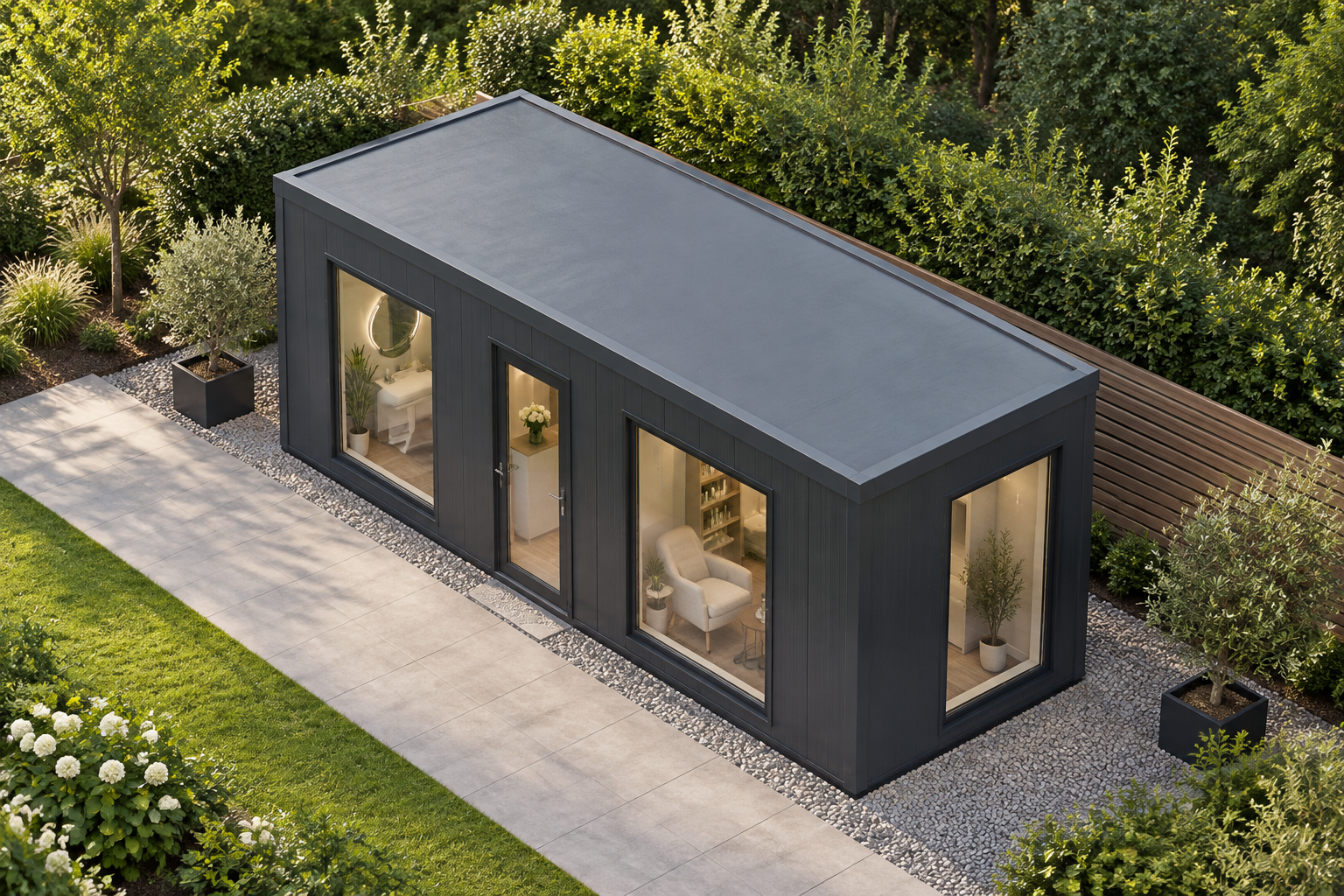 Single-Module Beauty Salon with WC and Kitchenette Single-storey Anthracite Grey modular beauty salon in a landscaped setting