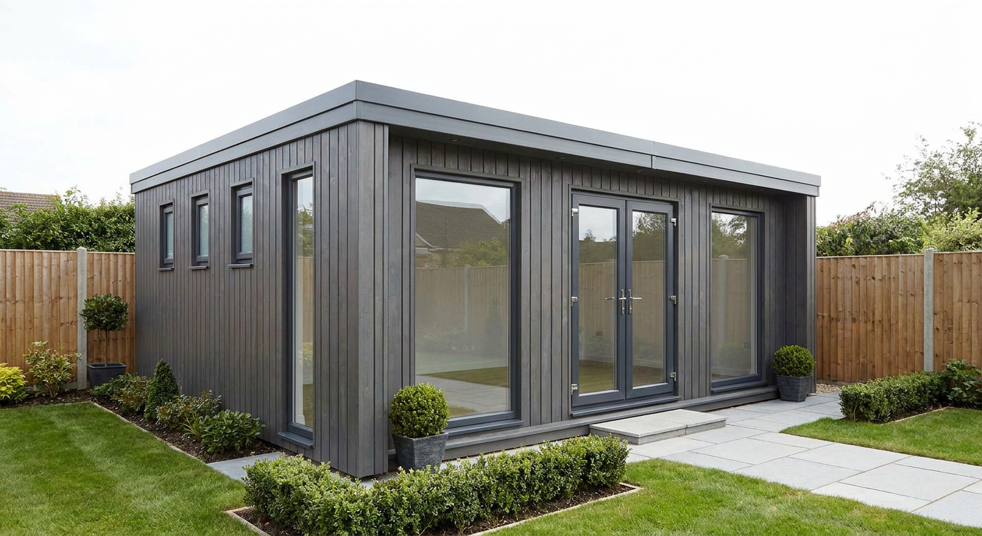 Single-Module Garden Office with Kitchenette and WC One dark grey single-storey module, glazed double doors and windows, no shutters or terrace, Adacon P600 modular building
