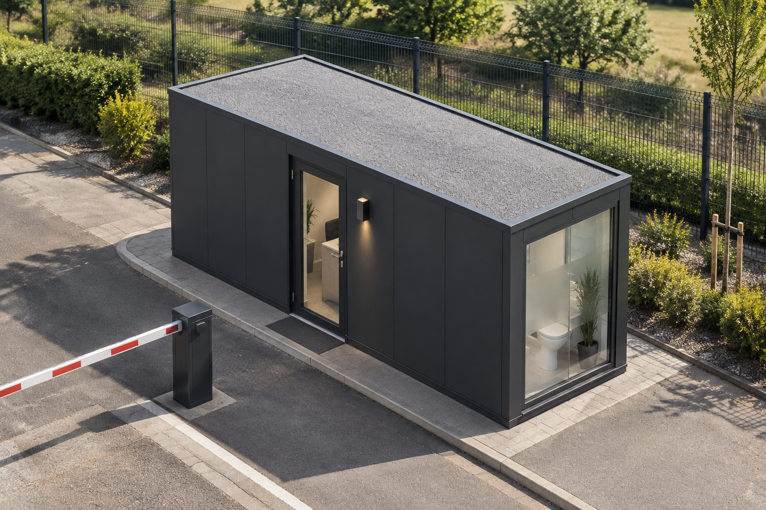 1-module single-storey gatehouse, Adacon modular building (illustrative)