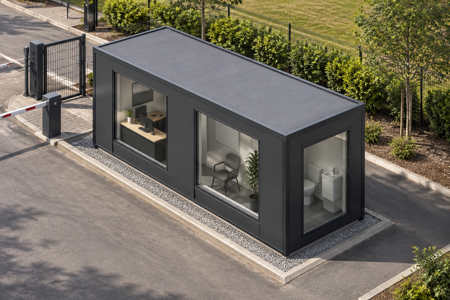Single-Module Gatehouse with WC 1-module single-storey gatehouse, Adacon modular building (illustrative)