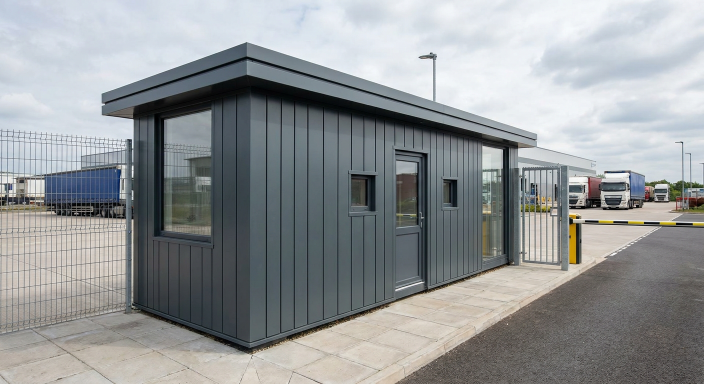 Single-Module Gatehouse with WC Single-storey Anthracite module with glazed door, six windows, no shutters or terrace, Adacon P600 modular building