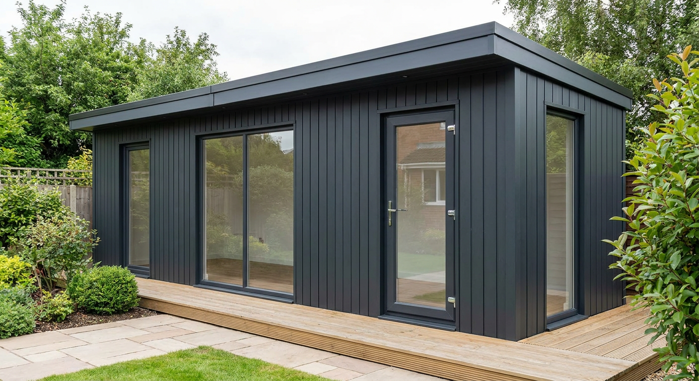 Single-Module Gym with WC, Shower and Terrace Single-storey Anthracite module with glazed door, seven windows and covered timber terrace, Adacon P600 modular building