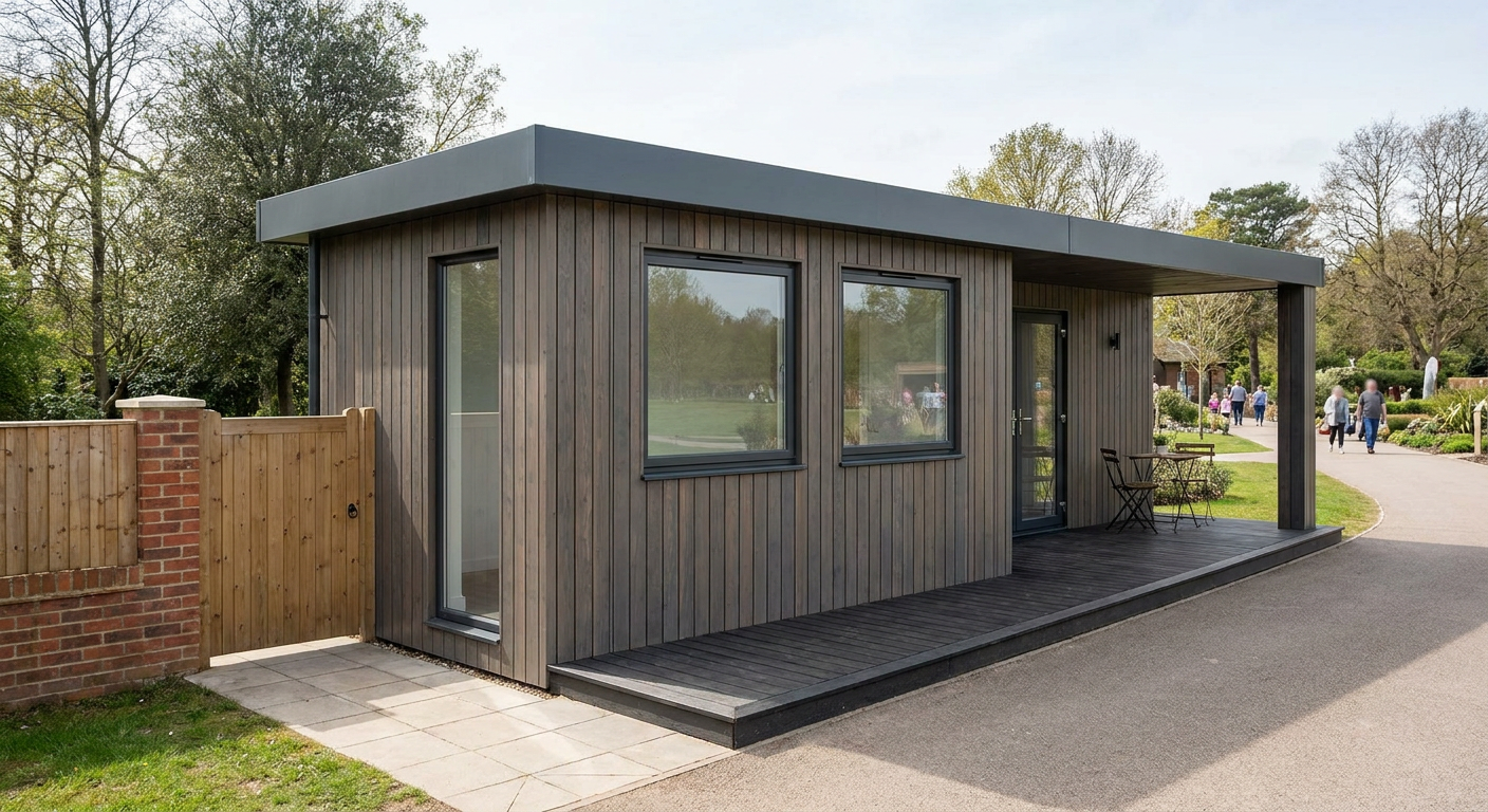 Single-Module Modular Café with Kitchenette and WC One-module, single-storey building with Anthracite cladding, glazed door, windows and terrace, Adacon P600 modular building