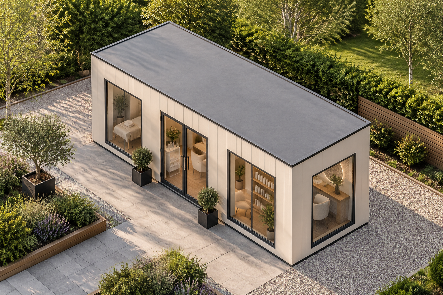 Single-Module P600 Beauty Salon with WC Cream modular beauty salon with glazed entrance and windows in a landscaped setting.