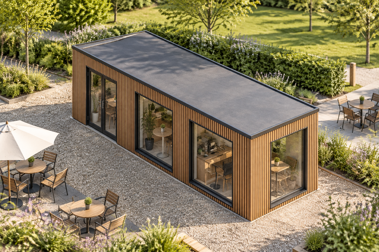Single-Module P600 Café with Kitchenette and WC Teak-clad modular café in a landscaped visitor attraction with outdoor seating