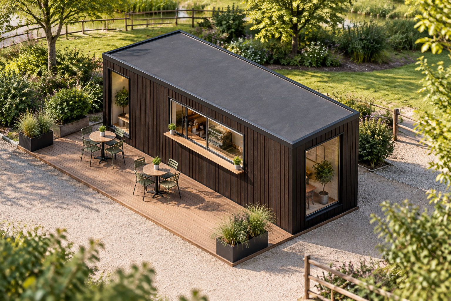 Single-Module P600 Modular Café with Terrace Single-storey modular café with vertical Venge cladding and a covered timber terrace.