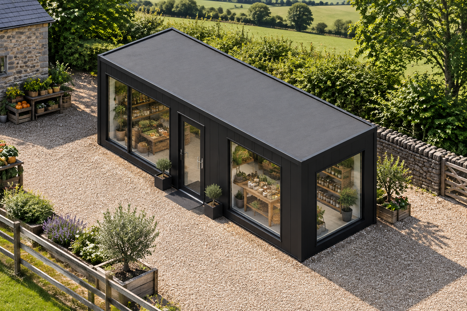 Single-Module P600 Modular Shop with WC Single-storey modular shop in a bright rural retail setting