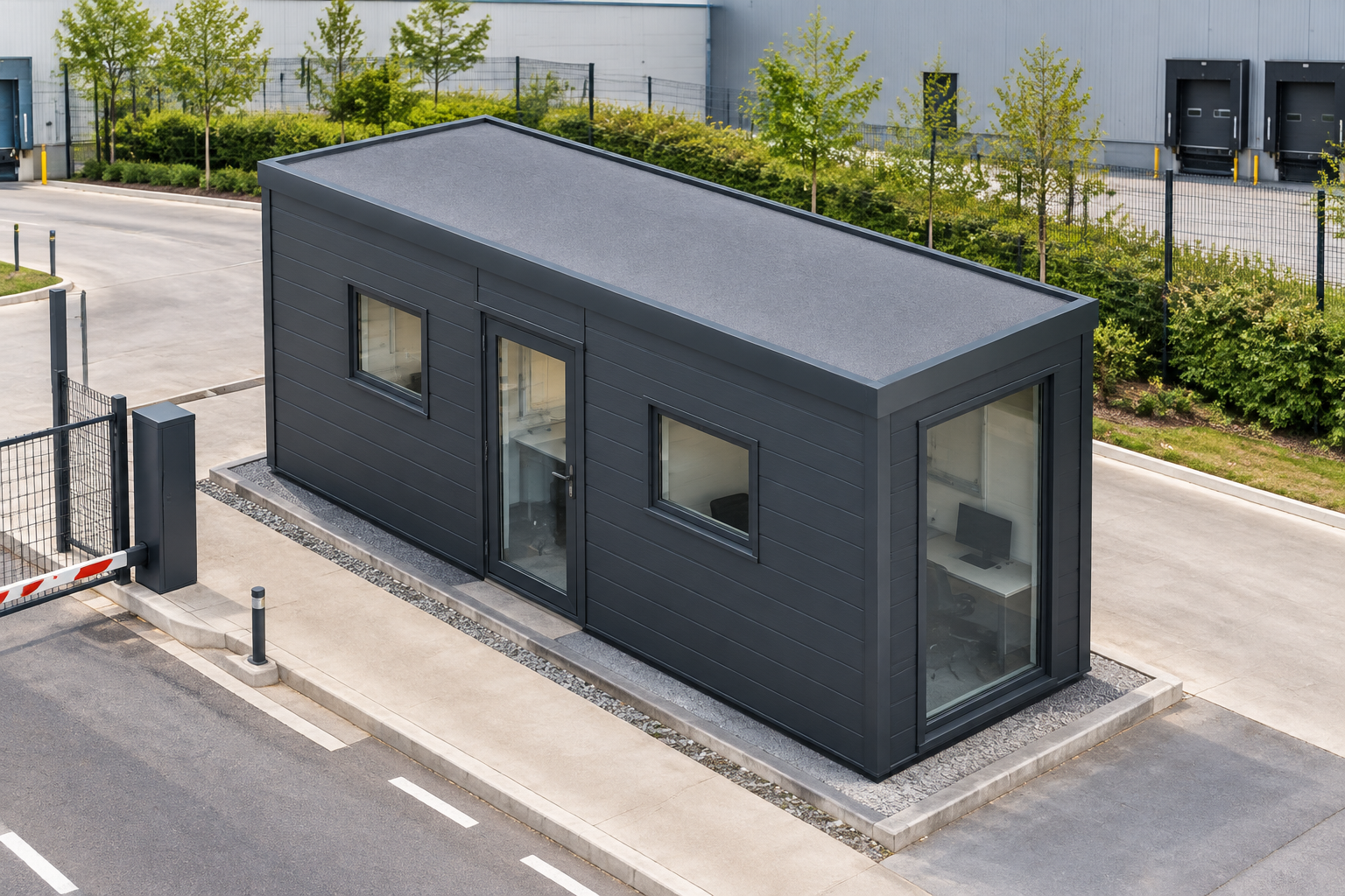 Single-Module P600 Security Cabin with WC Request Anthracite security cabin positioned at a controlled site entrance